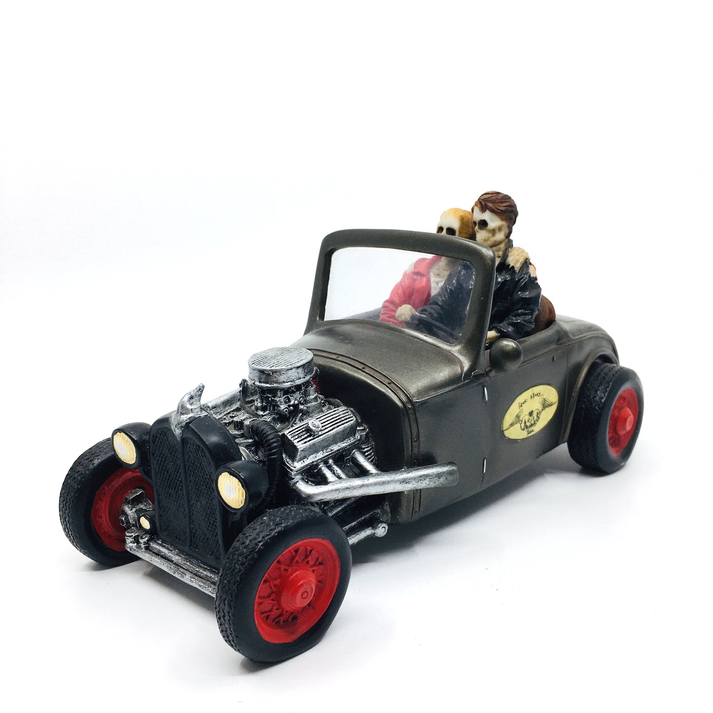 Love Never Dies Themed Couple Figurine with Skeleton Car