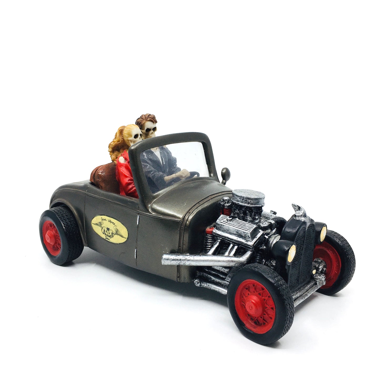 Love Never Dies Themed Couple Figurine with Skeleton Car