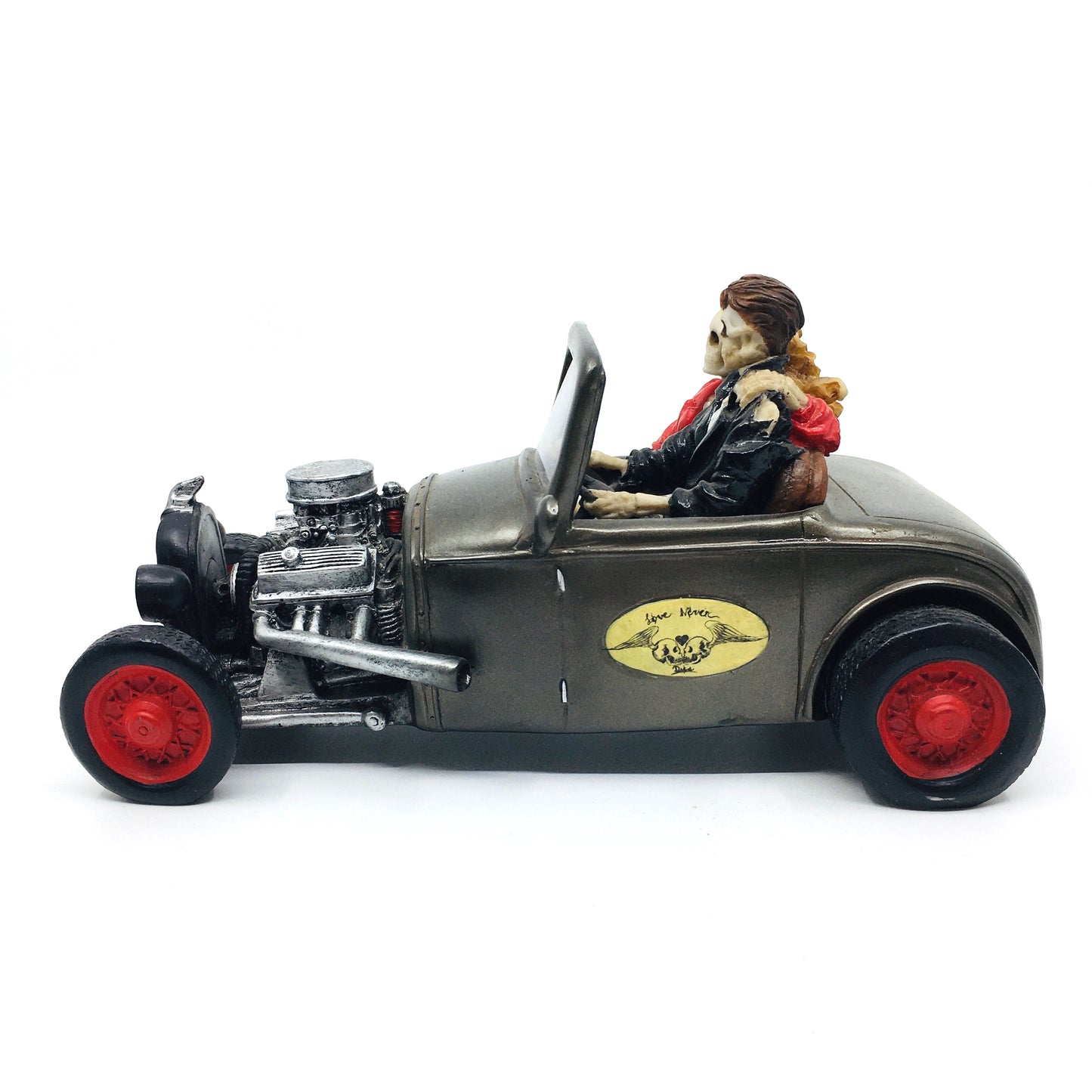 Love Never Dies Themed Couple Figurine with Skeleton Car