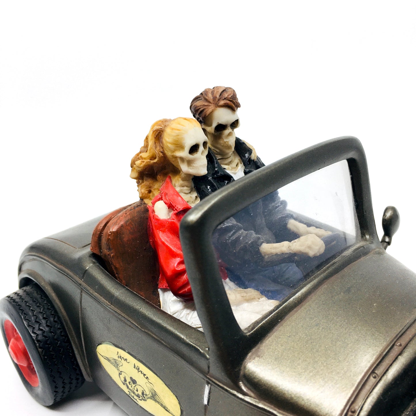 Love Never Dies Themed Couple Figurine with Skeleton Car