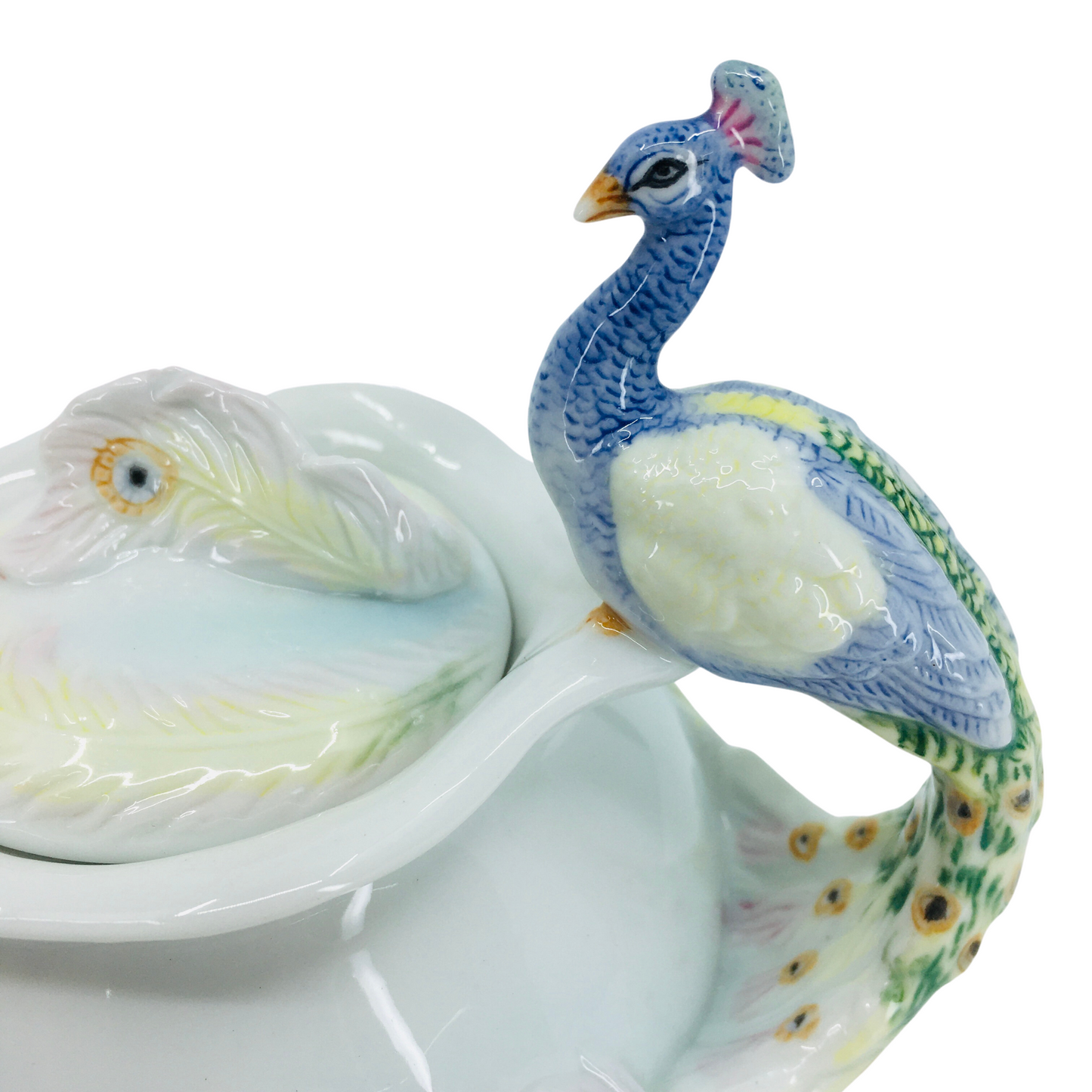 Sırlı Porselen Tavuskuşu Figürlü Kapaklı Dekoratif Mini Şekerlik