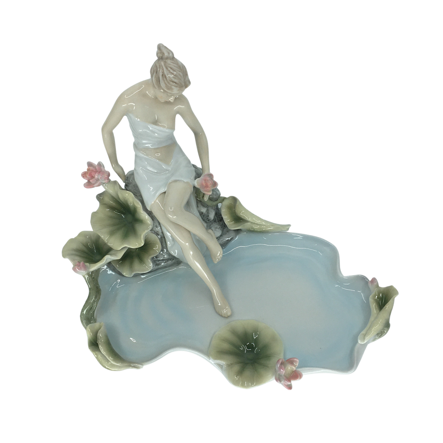 Su Perisi Figürlü Lotus Çiçekli Dekoratif Porselen Takı Tabağı