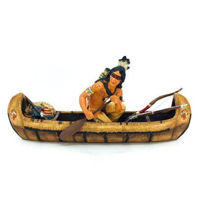 Native American Indian Warrior Figurine in a Canoe