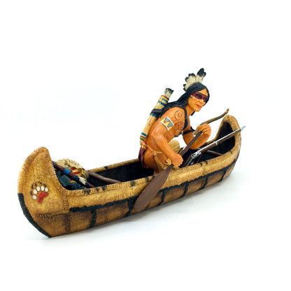 Native American Indian Warrior Figurine in a Canoe