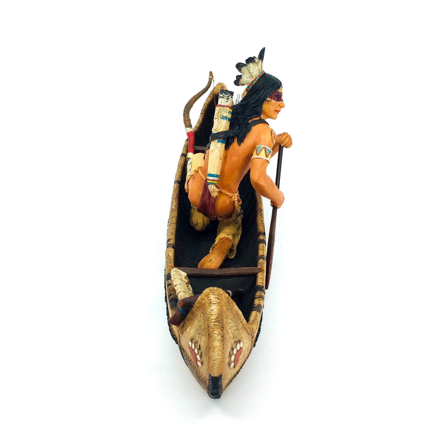 Native American Indian Warrior Figurine in a Canoe