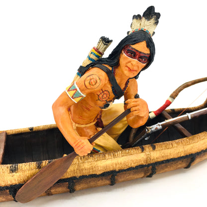 Native American Indian Warrior Figurine in a Canoe