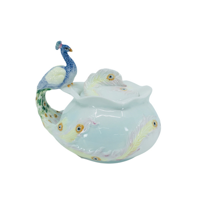 Glazed Porcelain Peacock Figured Decorative Mini Sugar Bowl with Lid