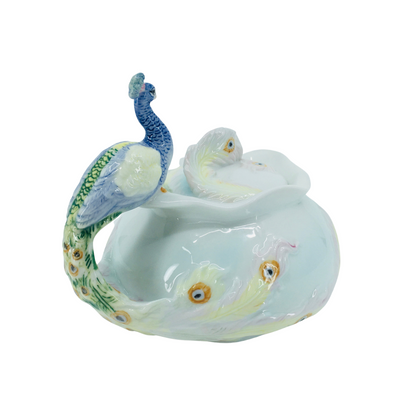 Glazed Porcelain Peacock Figured Decorative Mini Sugar Bowl with Lid