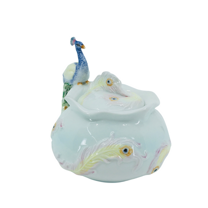 Glazed Porcelain Peacock Figured Decorative Mini Sugar Bowl with Lid