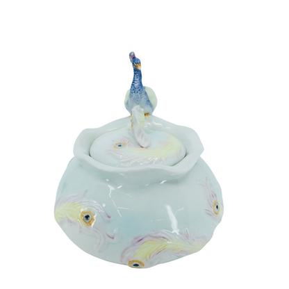 Glazed Porcelain Peacock Figured Decorative Mini Sugar Bowl with Lid