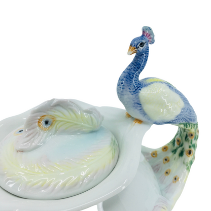 Glazed Porcelain Peacock Figured Decorative Mini Sugar Bowl with Lid
