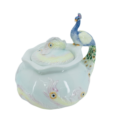 Glazed Porcelain Peacock Figured Decorative Mini Sugar Bowl with Lid