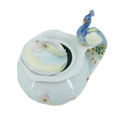 Glazed Porcelain Peacock Figured Decorative Mini Sugar Bowl with Lid