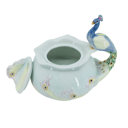Glazed Porcelain Peacock Figured Decorative Mini Sugar Bowl with Lid