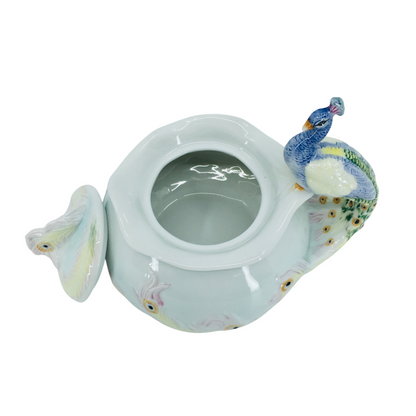 Glazed Porcelain Peacock Figured Decorative Mini Sugar Bowl with Lid