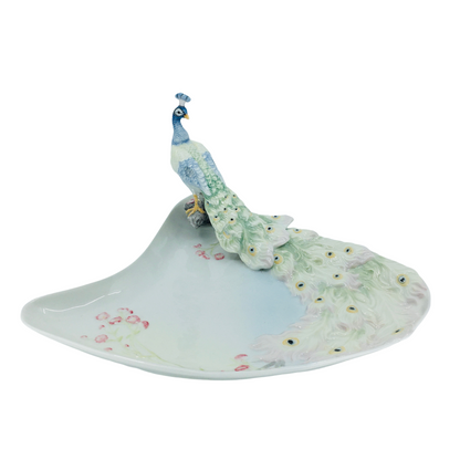 Porcelain Colored Decorative Jewelry Plate with Peacock Figure